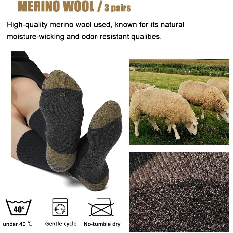 Merino Wool Moisture Wicking Crew Socks 3 Pairs